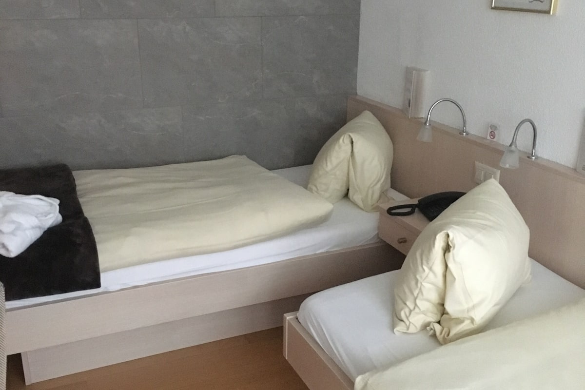 Une chambre double avec deux lits, une petite table de chevet, un lavabo fixé au mur et un tableau encadré.