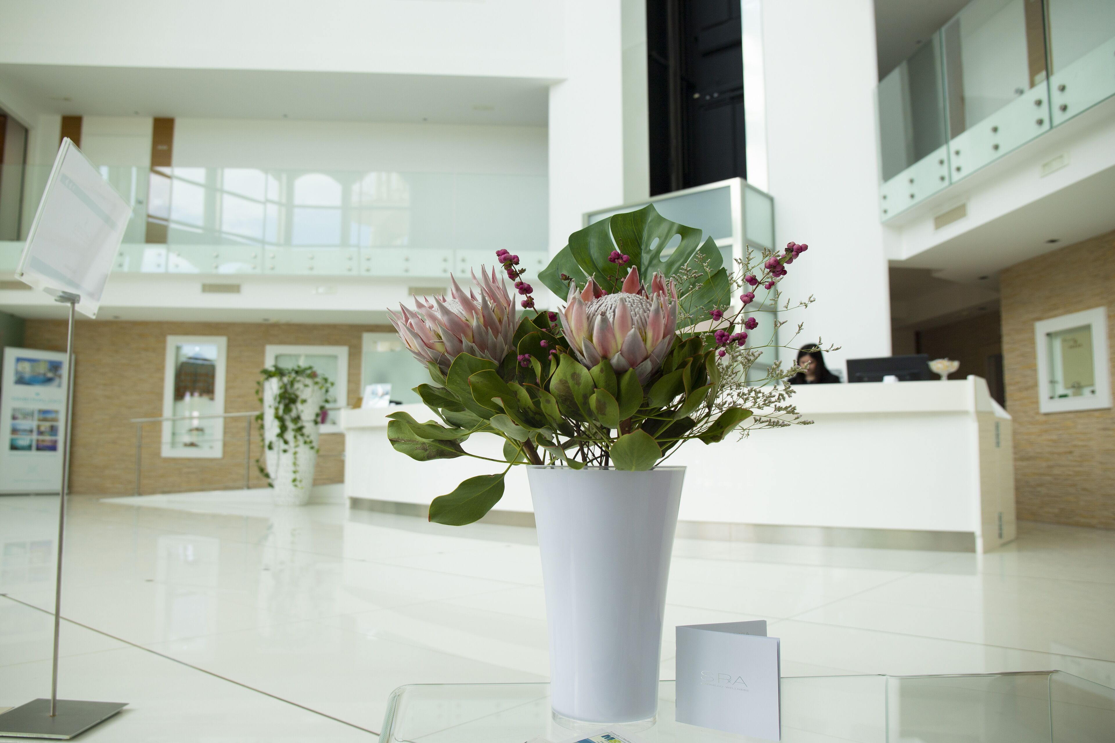Un moderno vestíbulo de hotel con una mesa de recepción, una planta grande en maceta y una vitrina de cristal.