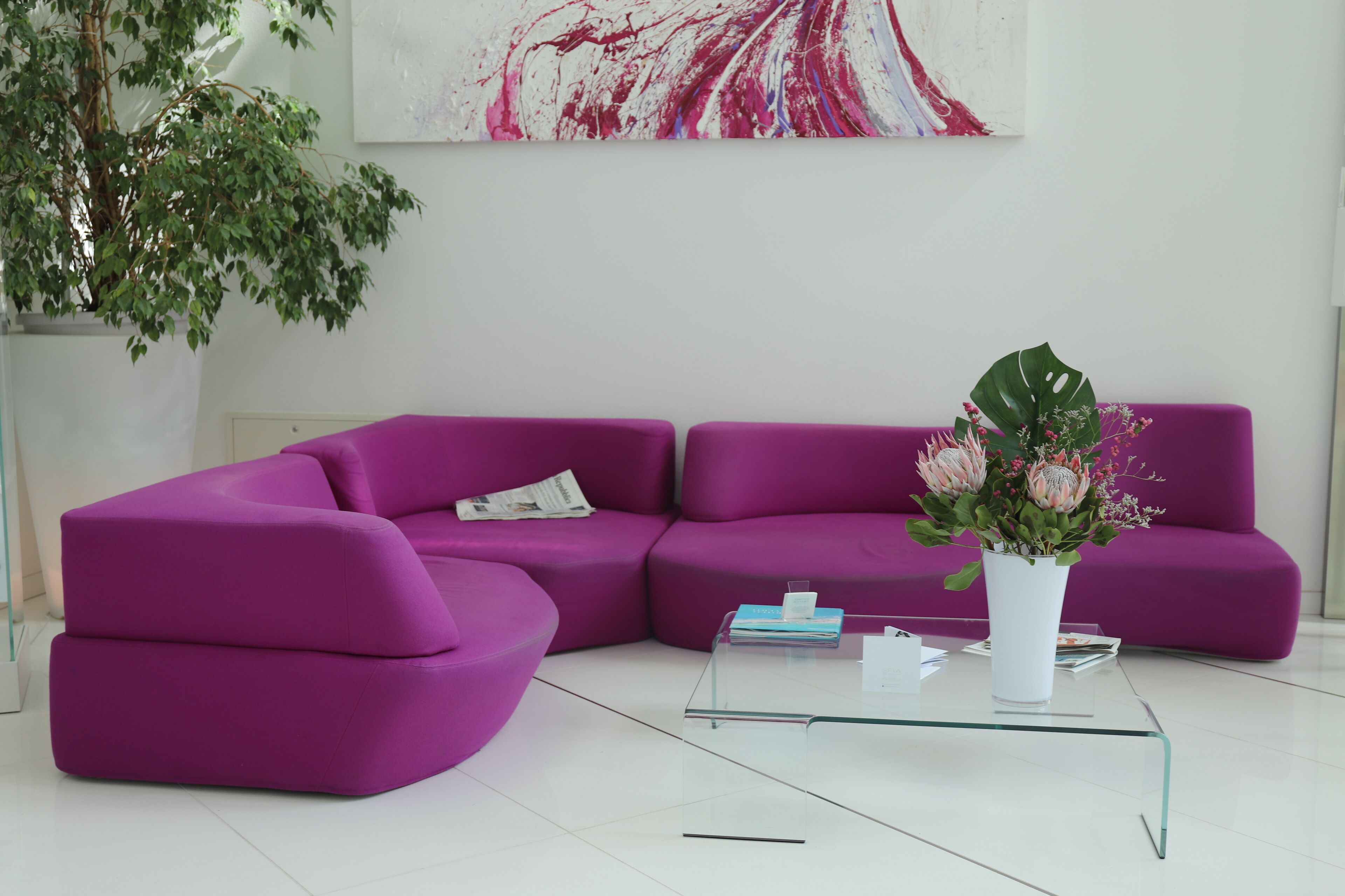 Uma sala de estar moderna com um sofá seccional roxo, uma mesa de centro de vidro e uma planta em vaso.