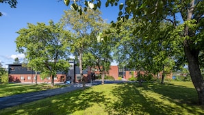 Une zone herbeuse avec des arbres et un bâtiment en arrière-plan.