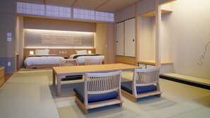 A hotel room with a traditional Japanese aesthetic, featuring tatami flooring, a low wooden table with chairs, a bed with a headboard, and sliding doors. - Dantoukan Kikunoya (Otsu)