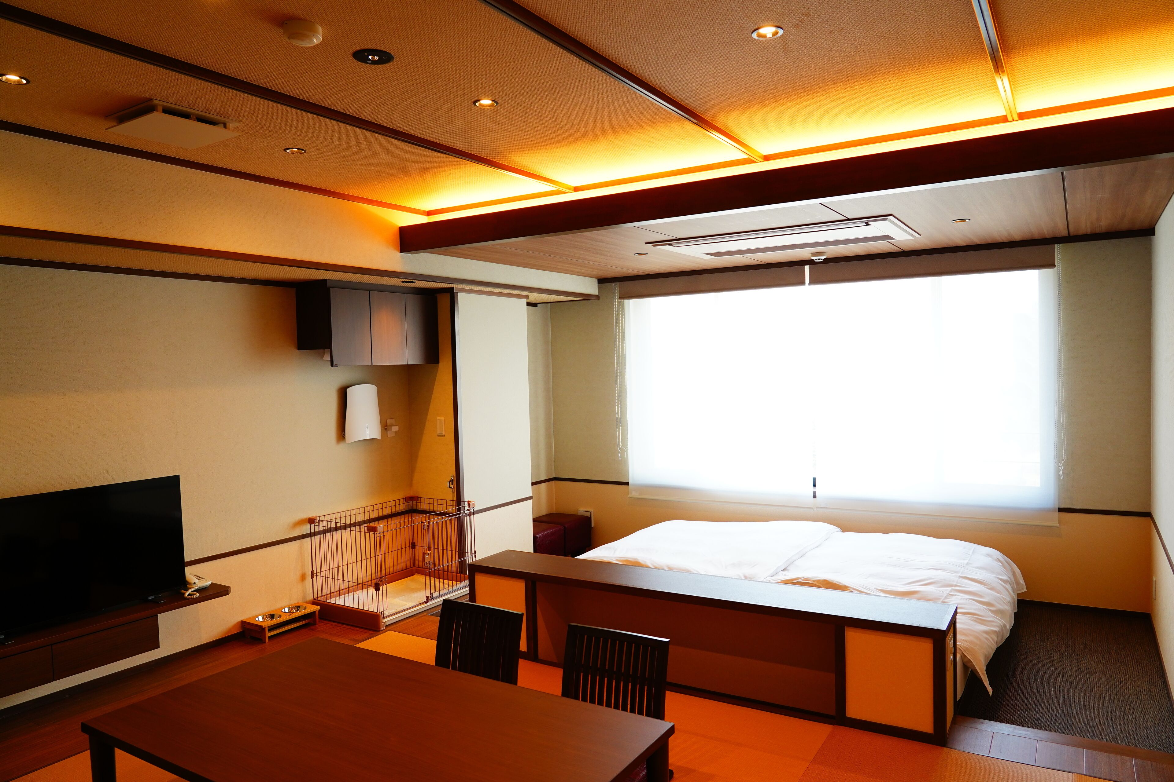 A hotel room with a bed, a TV, a desk, and a window.