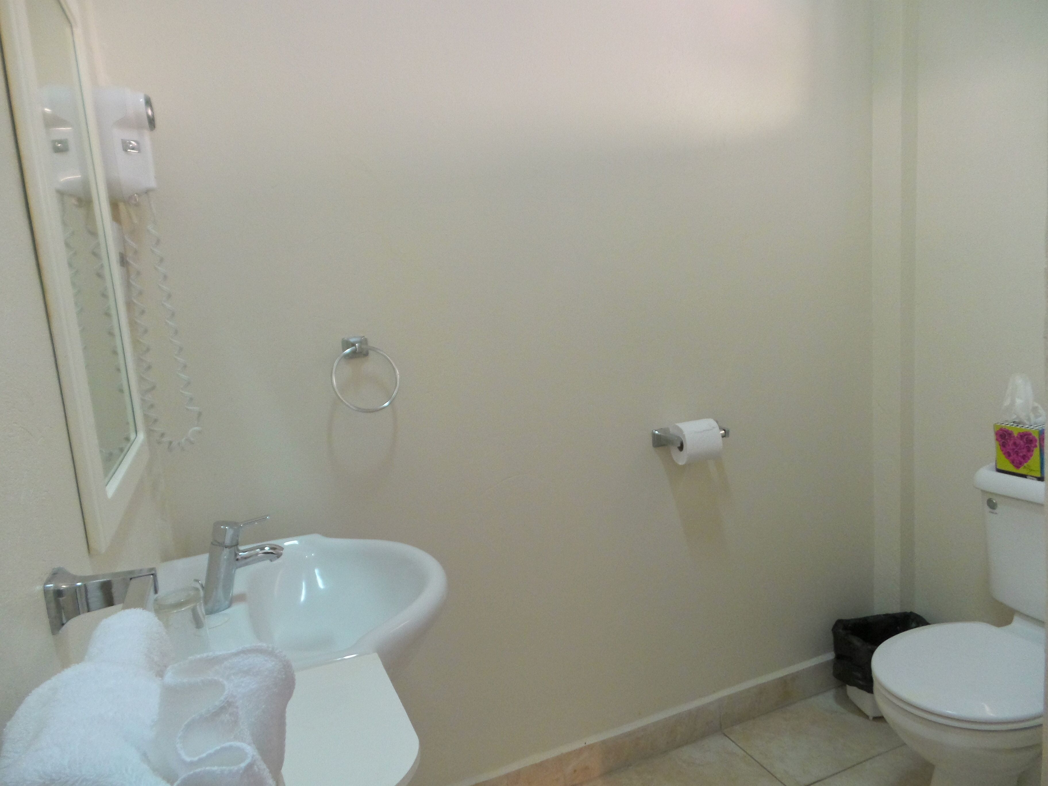 A bathroom with a sink, toilet, and a mirror.
