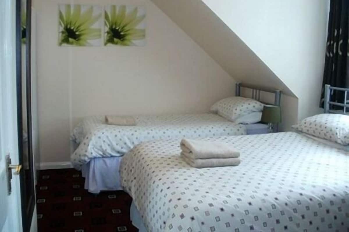 A bedroom with two beds, a sloped ceiling, and a door leading to another room.