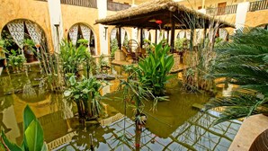 Une cour intérieure avec une fontaine centrale, entourée de plantes en pot et agrémentée d’un kiosque à toit de chaume.