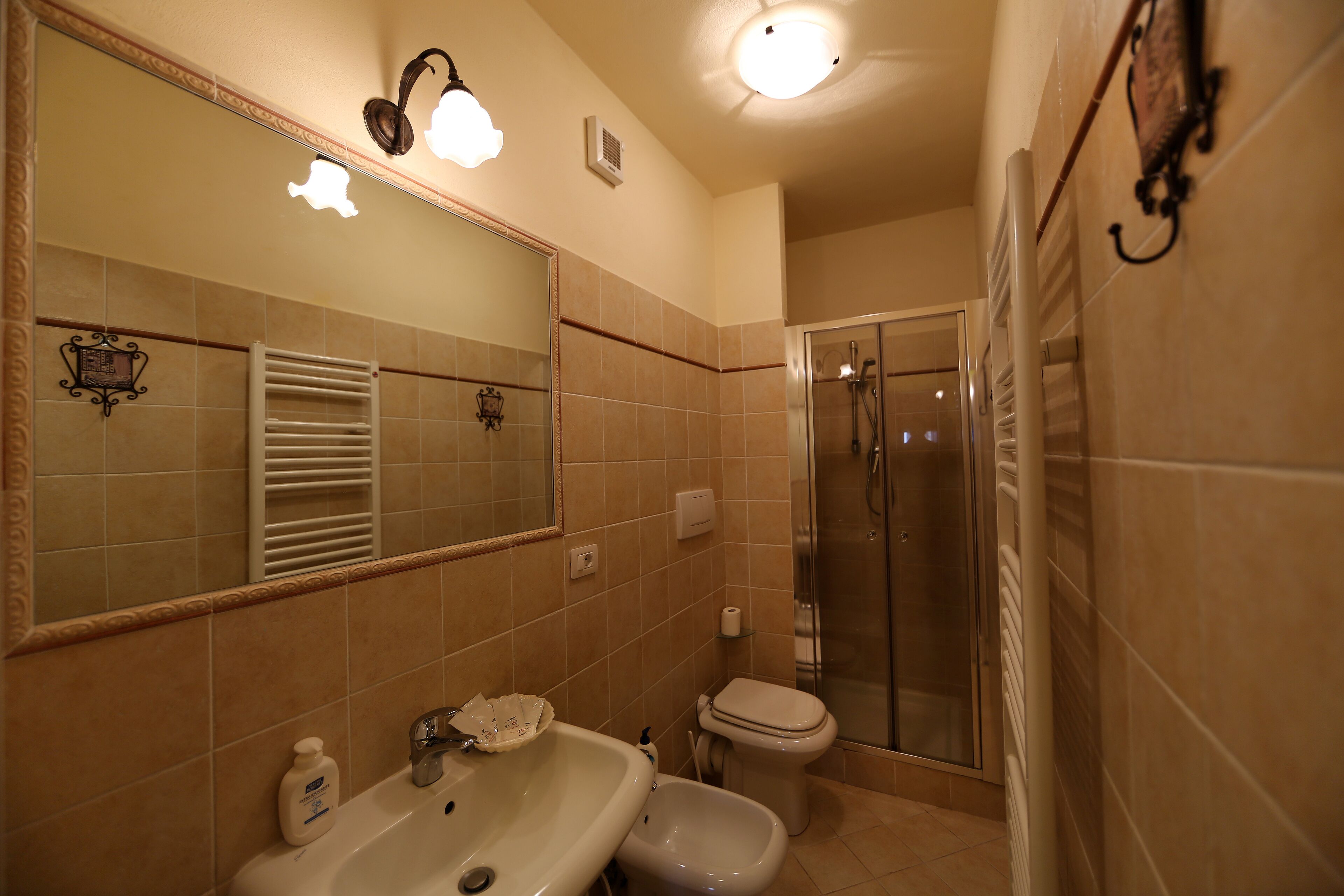 Un baño con lavabo, inodoro y ducha.
