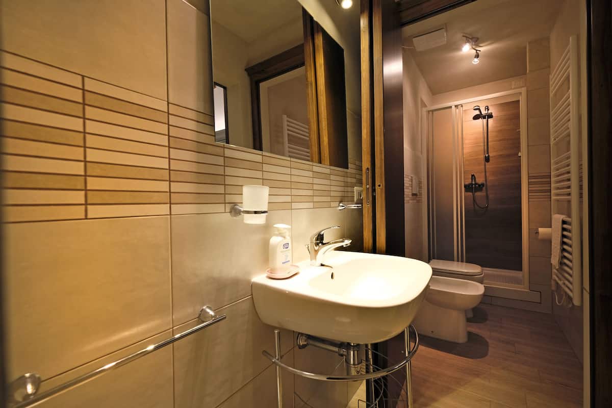 classic studio ground floor | bathroom | shower, hair dryer, bidet, soap