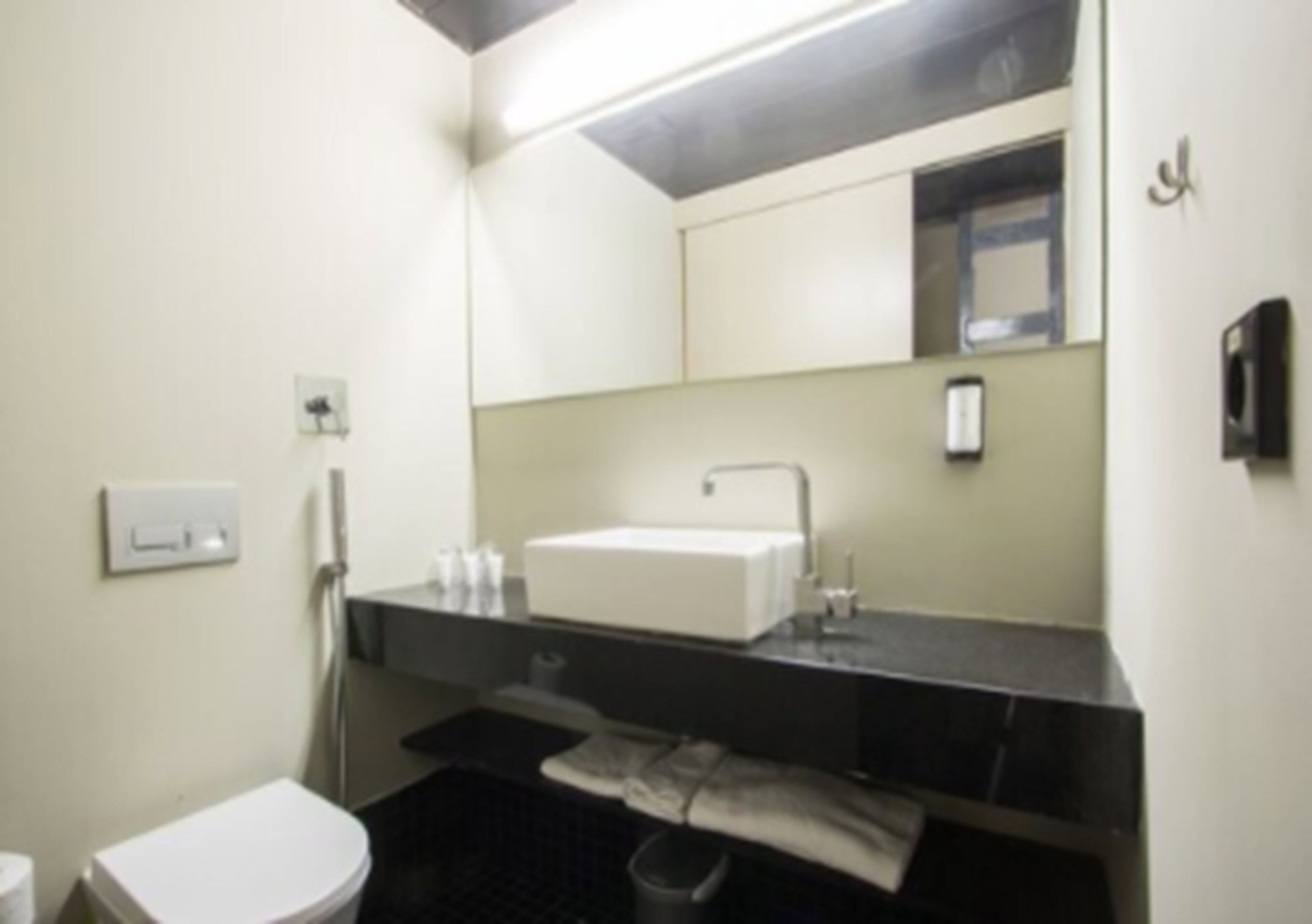 A bathroom with a white toilet, a sink with a mirror above it, and a towel rack.