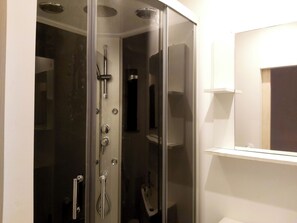 Shower, hydromassage showerhead, free toiletries, hair dryer