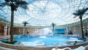 Ein Hallenbad mit Glasdach, Palmen und Liegestühlen.