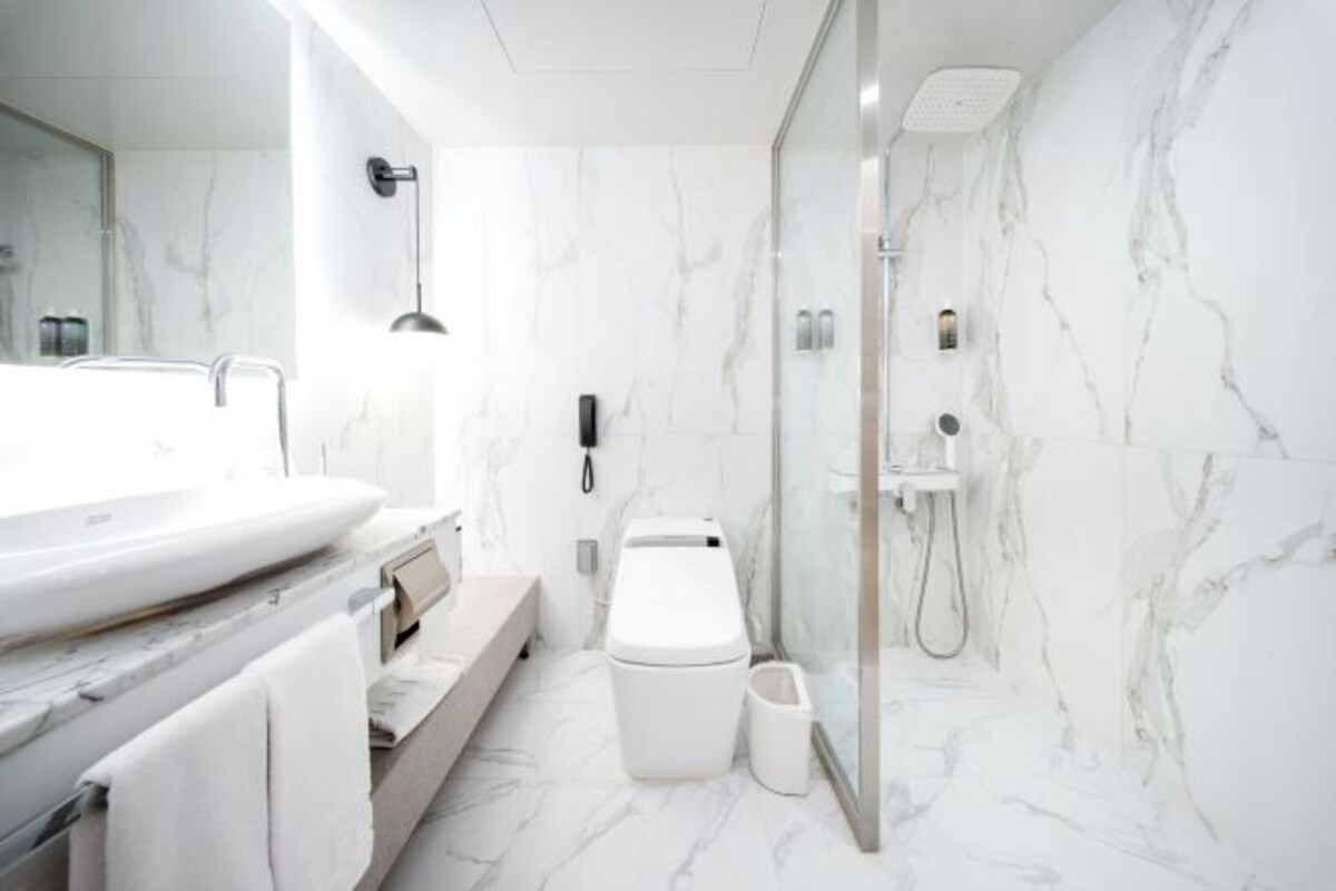 A modern bathroom with a large white sink, a toilet, and a glass-enclosed shower area.