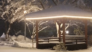 Een met sneeuw bedekte pagode met dak en banken, omringd door bomen en sneeuw.