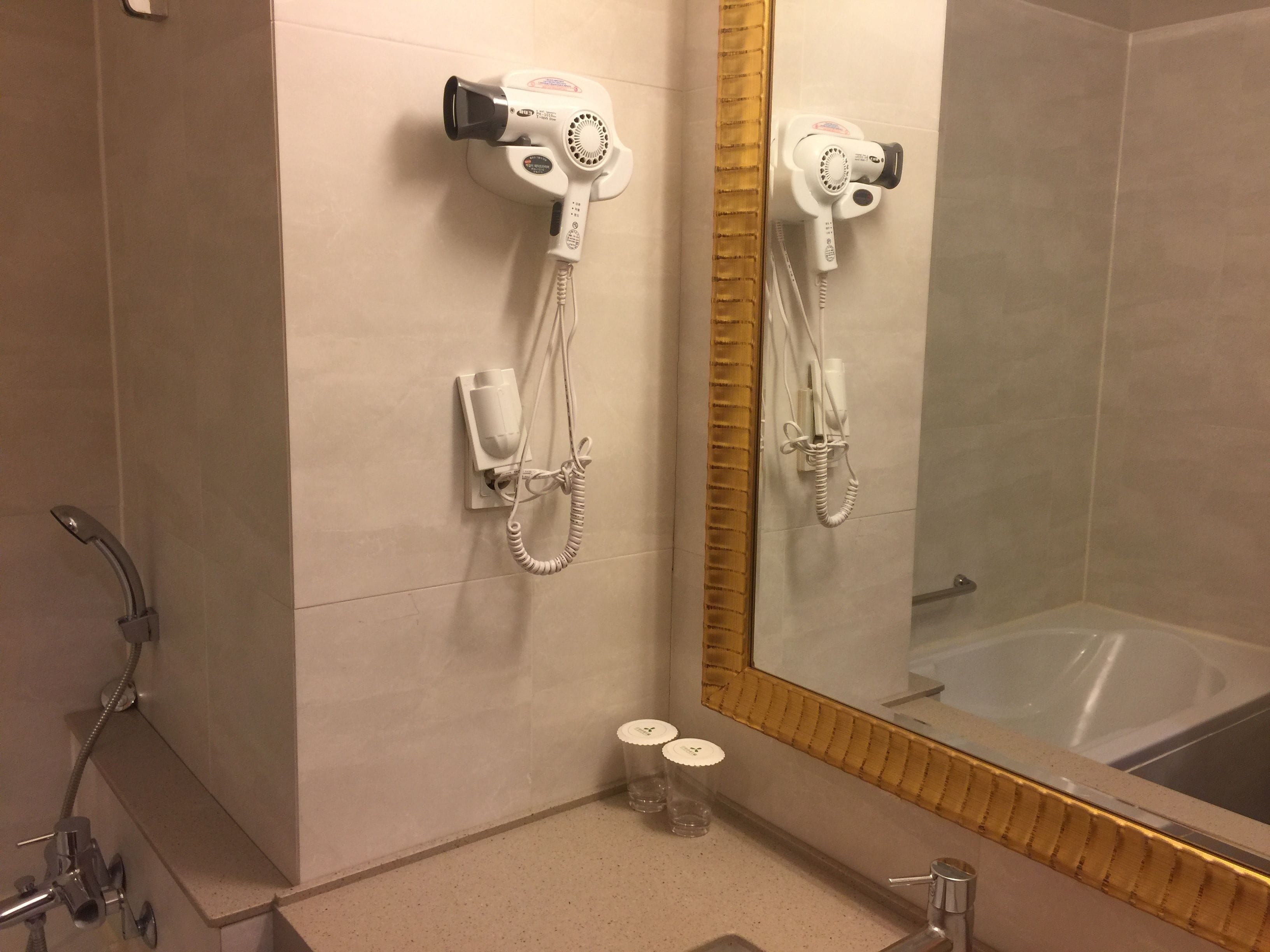 combined shower/bathtub, hair dryer, towels, soap