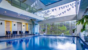 Una piscina interior amb parets de vidre transparent, un nivell superior amb seients i plantes en testos.