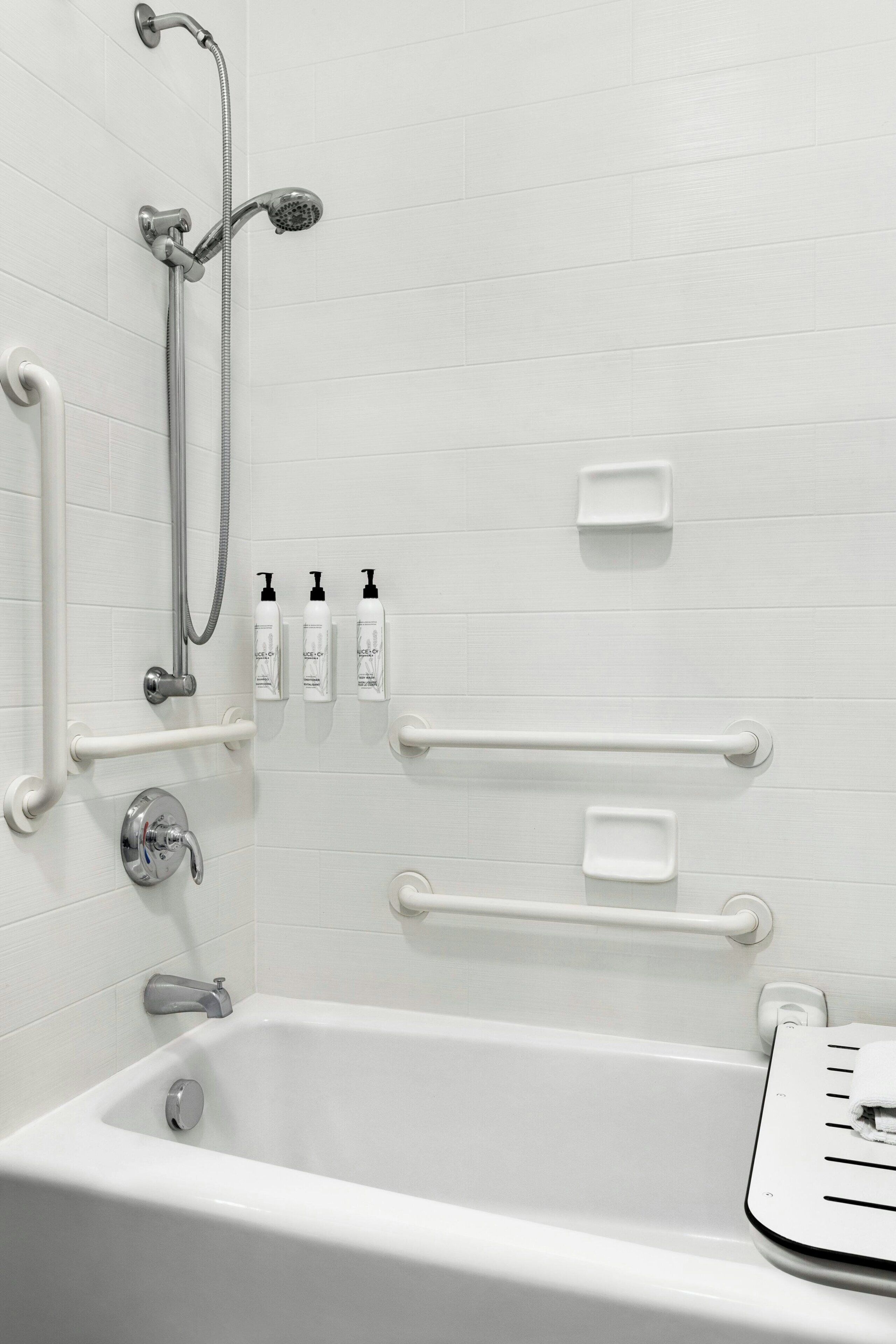 combined shower/bathtub, free toiletries, hair dryer, towels