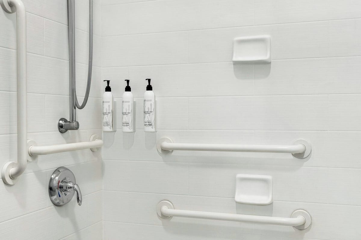 combined shower/bathtub, free toiletries, hair dryer, towels