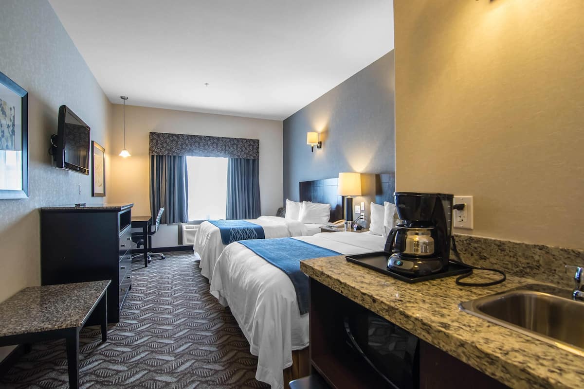 A hotel room with two beds, a desk, a chair, a coffee maker, and a sink.