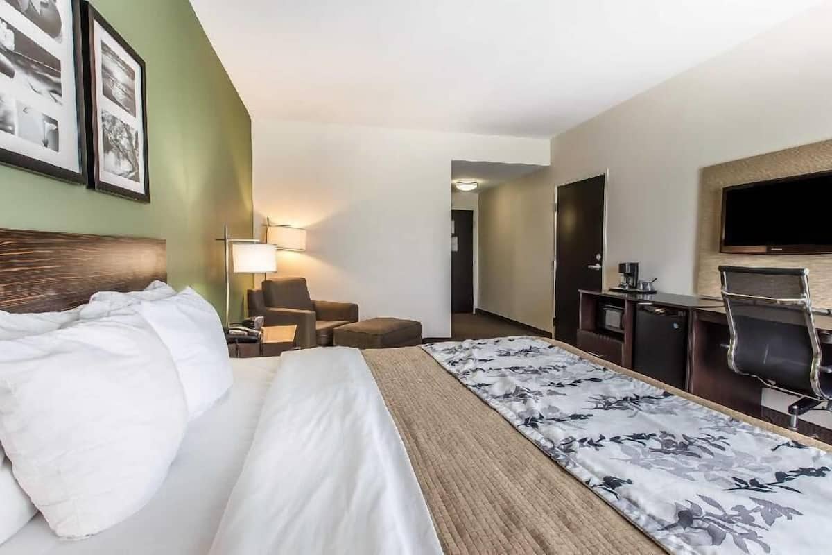 Ein Hotelzimmer mit Bett, Schreibtisch, Stuhl, Fernseher und Lampe.
