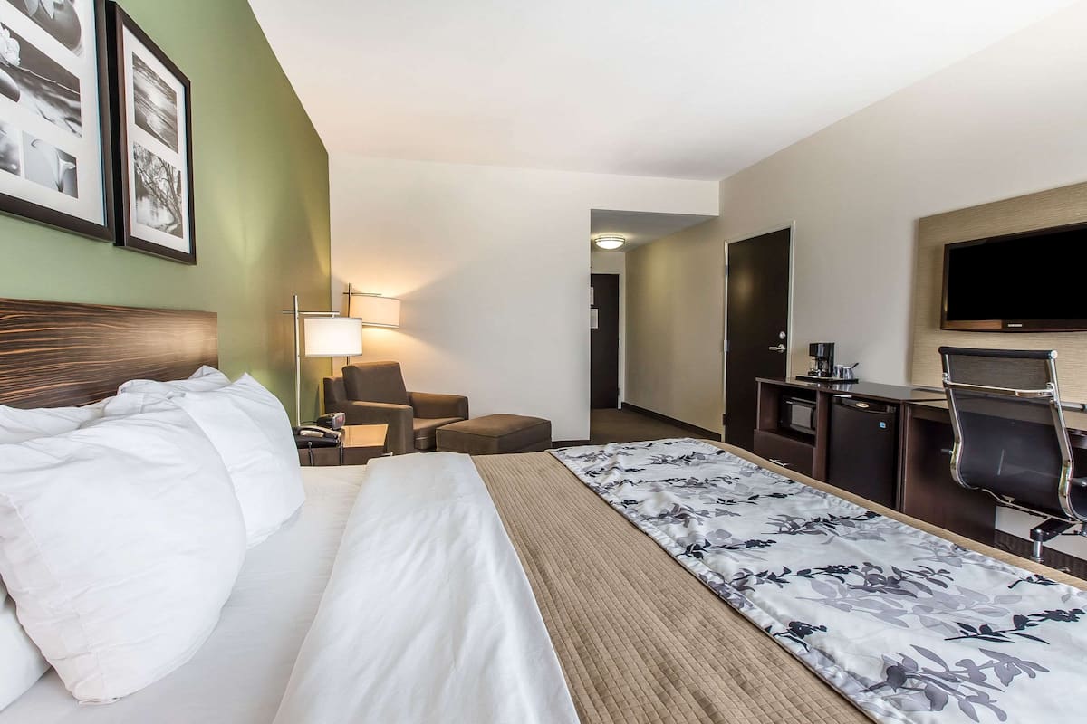 Ein Hotelzimmer mit Bett, Schreibtisch, Sessel, Fernseher und Lampe.