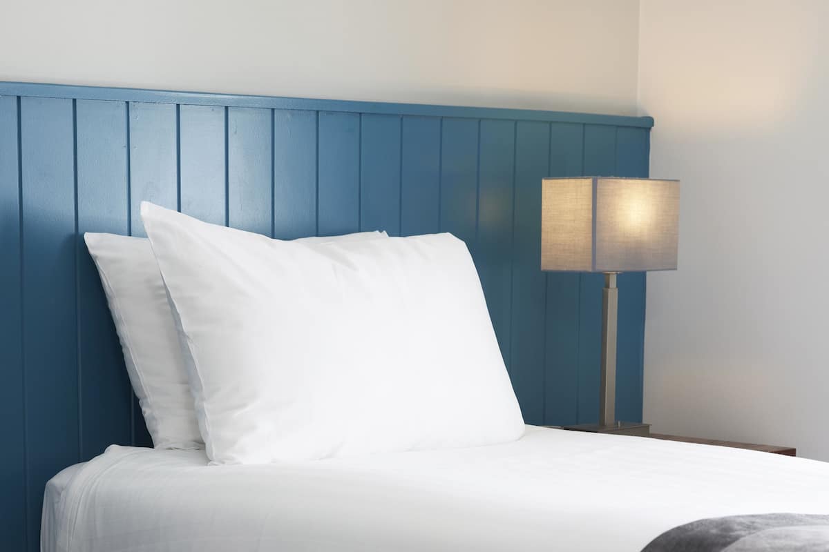 A hotel room with a blue headboard, white bedding, and a bedside lamp.