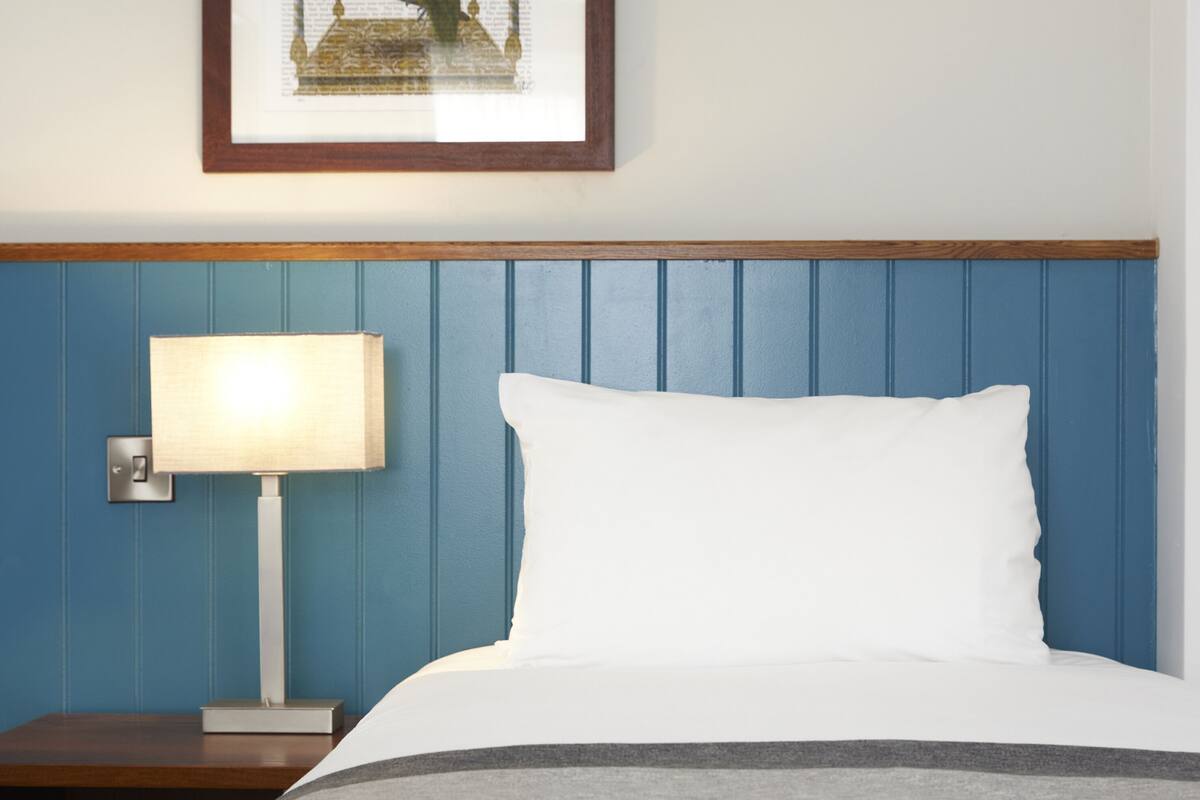 A neatly made bed with a white pillow and a grey blanket, a bedside lamp, a framed picture of a bird on the wall, and a blue headboard.