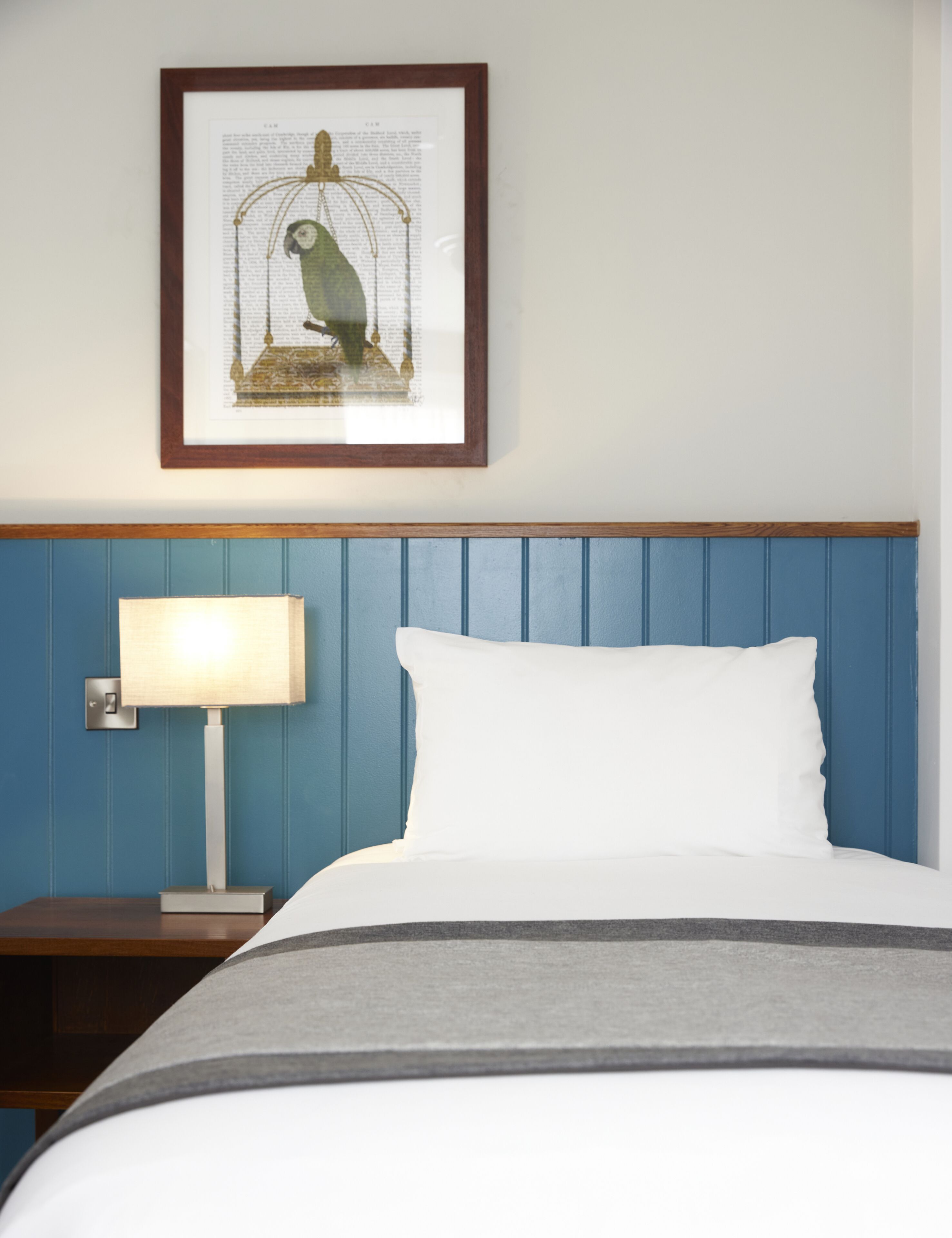Un lit bien fait, avec un oreiller blanc et une couverture grise, une lampe de chevet et un tableau encadré représentant un perroquet accroché au mur.