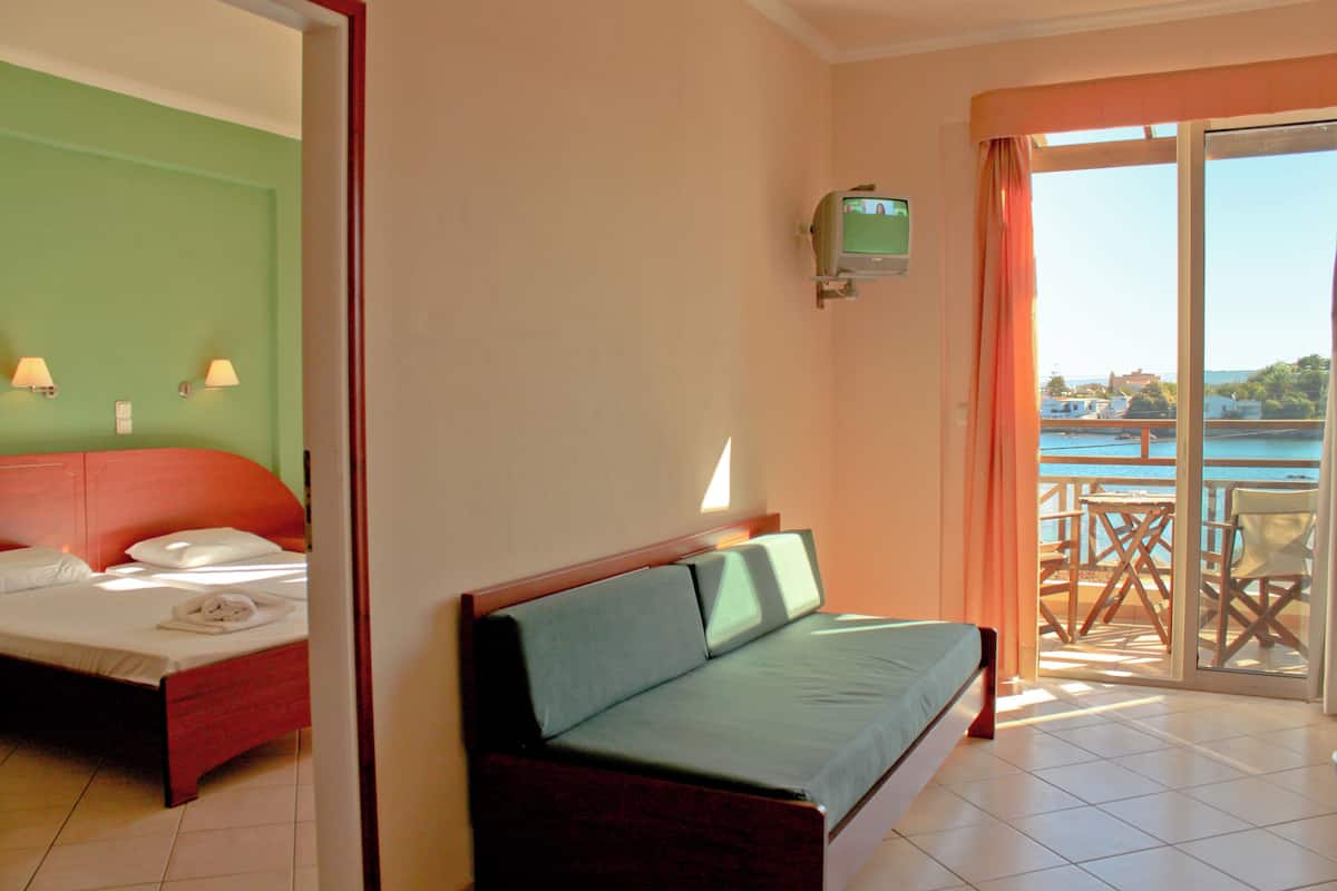 A room with a bed, a sofa, a TV, and a balcony with a table and chairs.
