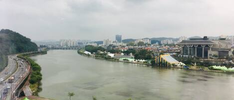 A river with a bridge, a cityscape in the background, and a stadium with a yellow and blue roof.