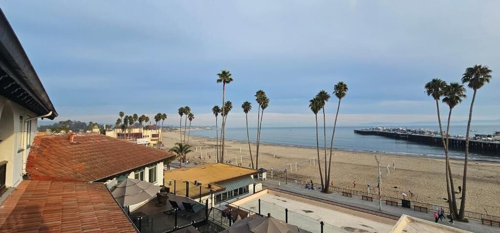 Blick auf einen Strand mit Palmen, einer Mole und einem Gebäude mit rotem Dach.