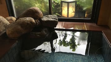 A room with a tiled floor, a water feature with rocks, and a view of greenery outside through a glass door.