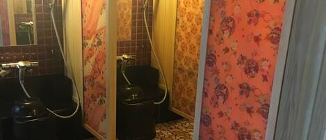 A public restroom with tiled walls, a mosaic floor, and a floral curtain.