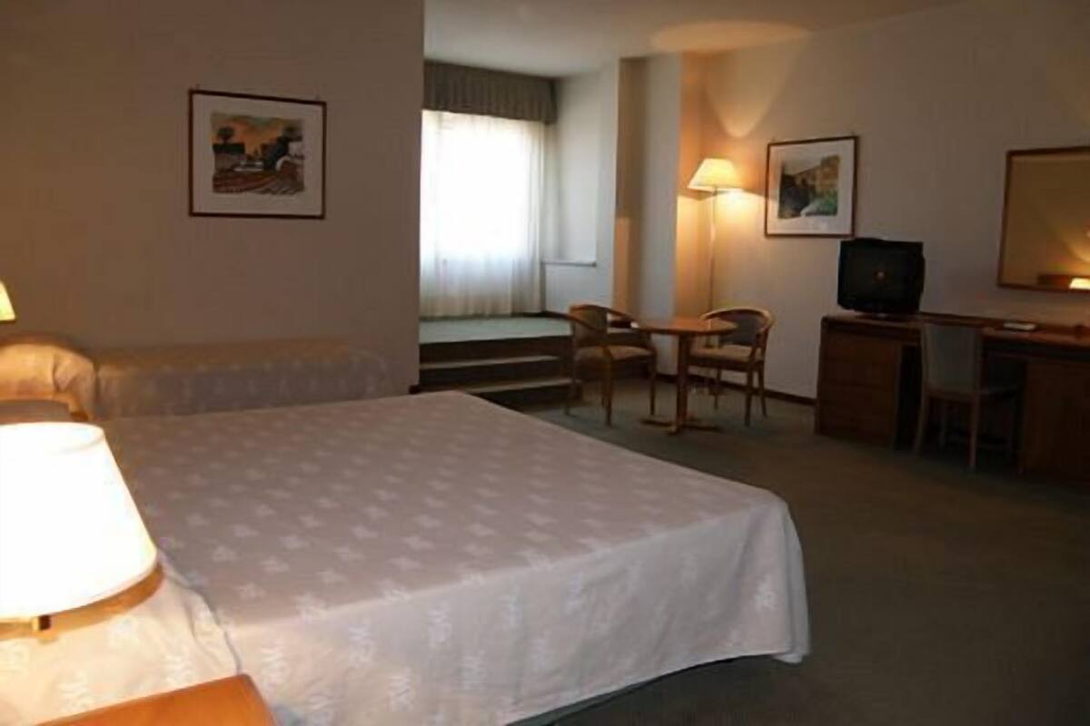 A hotel room with a bed, a desk, a chair, a television, and two framed pictures on the wall.