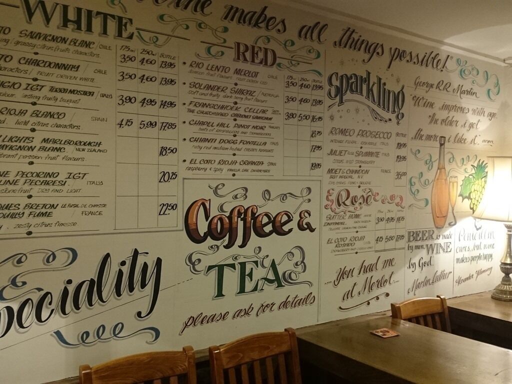 A wall with various beverage options and prices, including white, red, and sparkling wines, as well as coffee and tea.