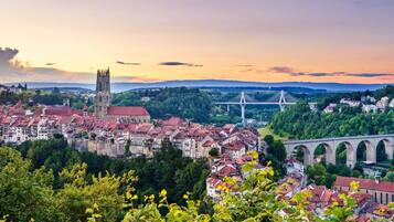 A historic town with a prominent church, a bridge, and a river.
