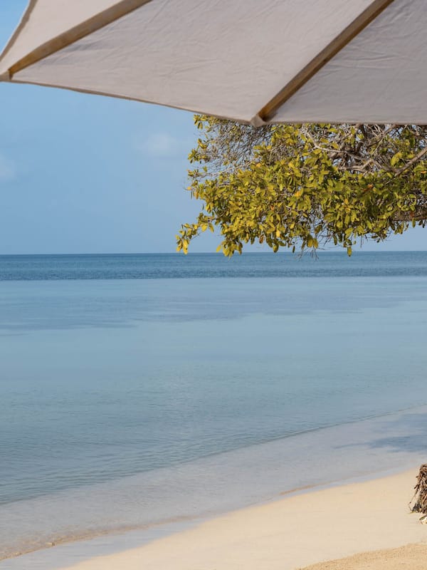 Plage privée, sable blanc, chaises longues, parasols