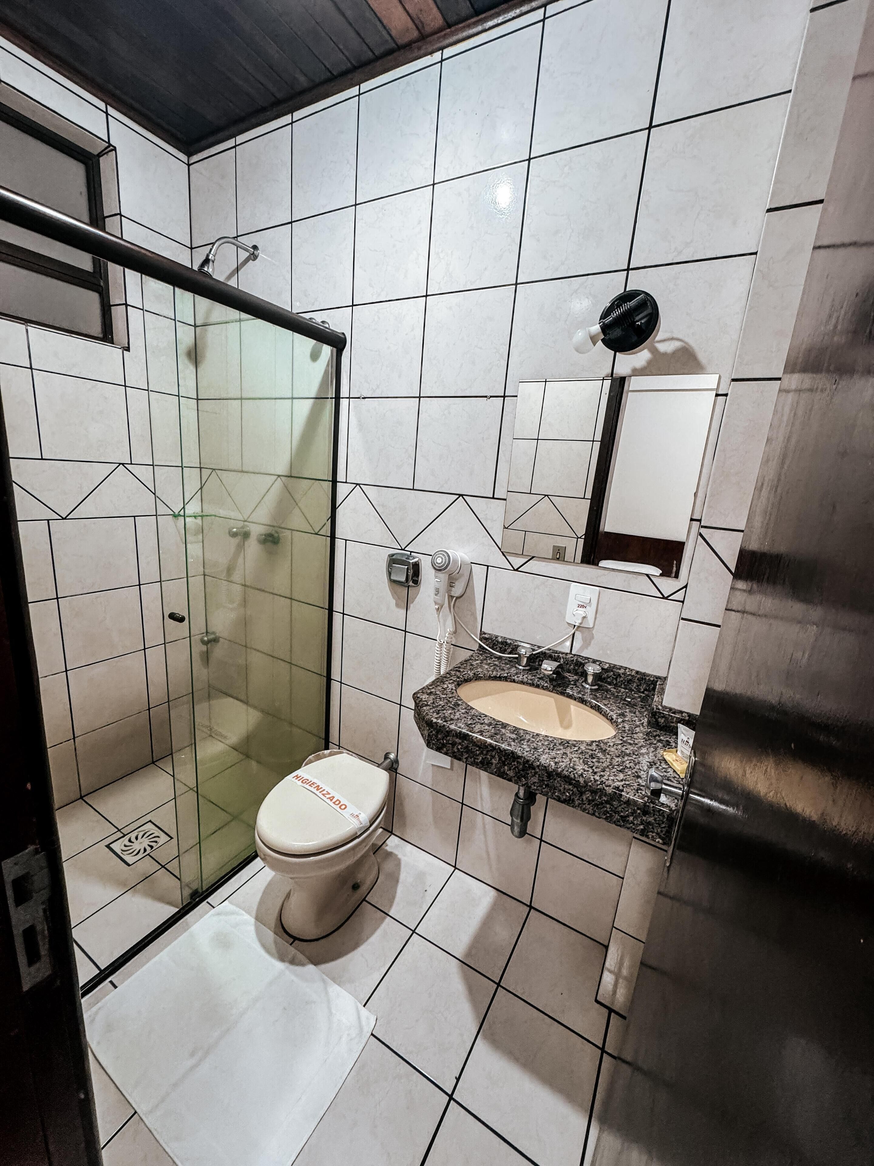 A bathroom with a glass-enclosed shower, a white toilet, and a granite sink with a mirror above it.