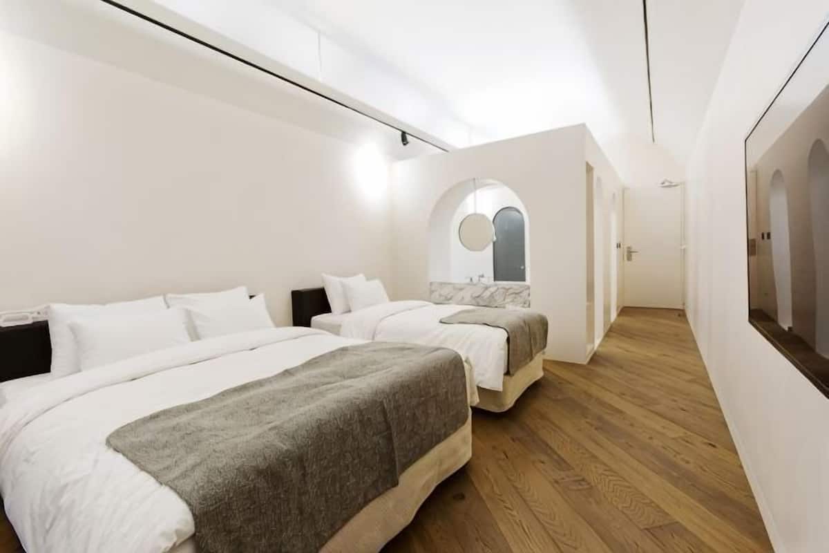 Una habitación de hotel moderna con dos camas, suelo de madera, un espejo grande y un pasillo que conduce a una puerta.