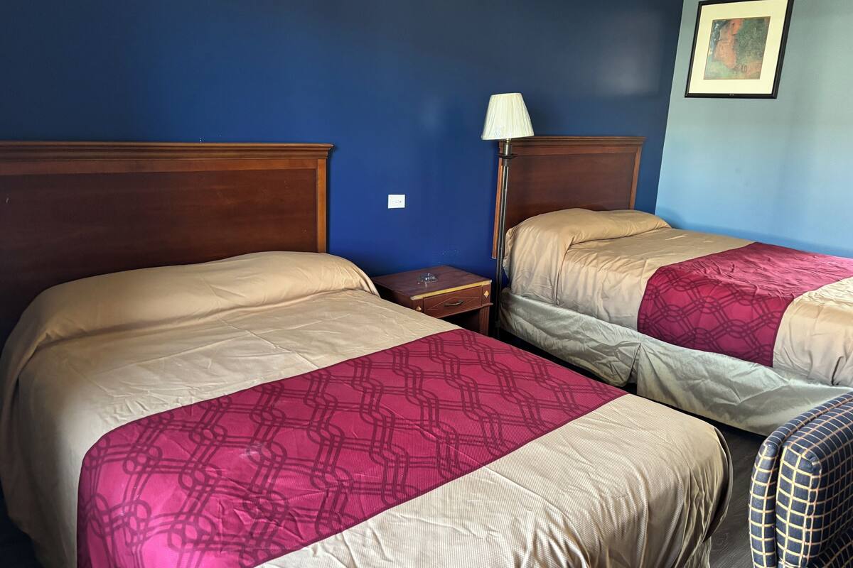 A hotel room with two beds, a nightstand, a lamp, and a framed picture on the wall.