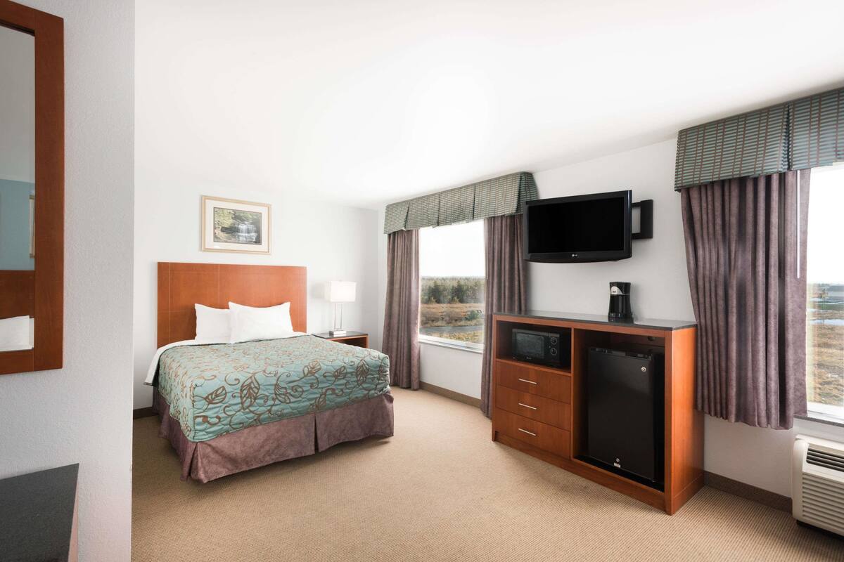 Habitación de hotel con cama, televisión, escritorio con refrigerador y ventana con cortinas.