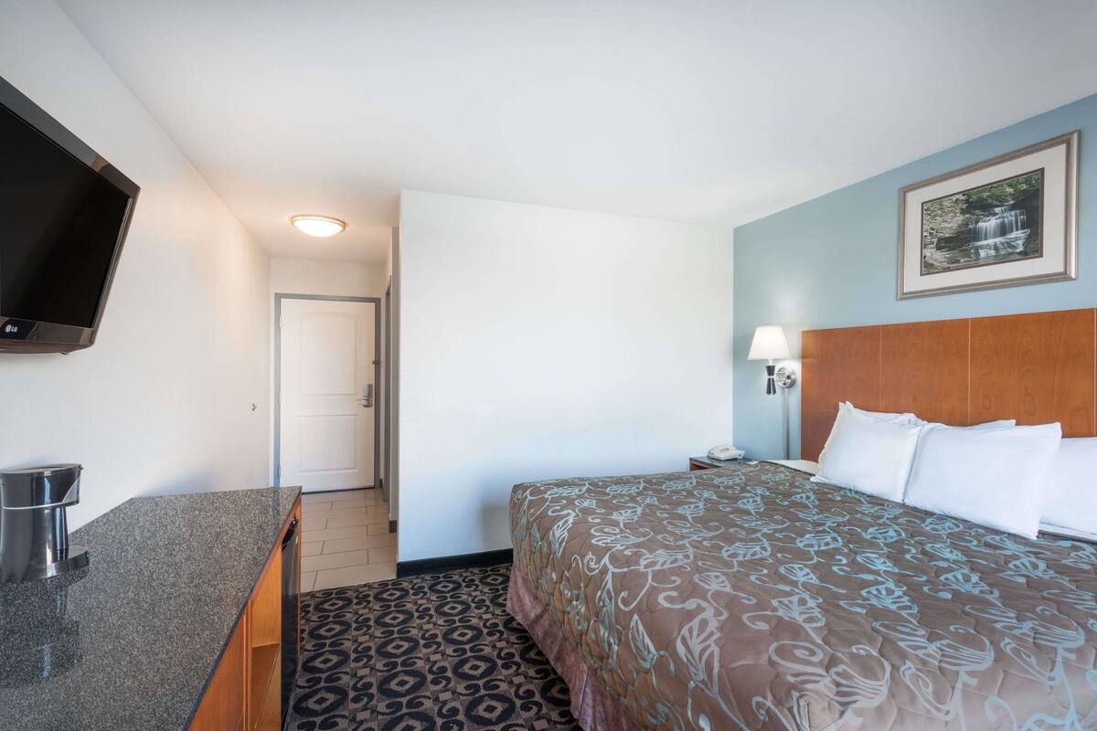 Una habitación de hotel con una cama, televisor, escritorio y puerta.
