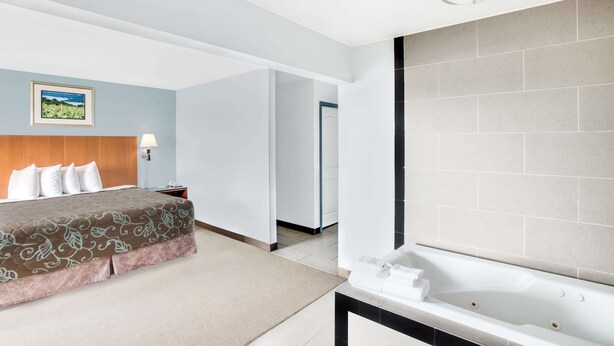 Een hotelkamer met een bed, een badkamer met een bad en een foto aan de muur.