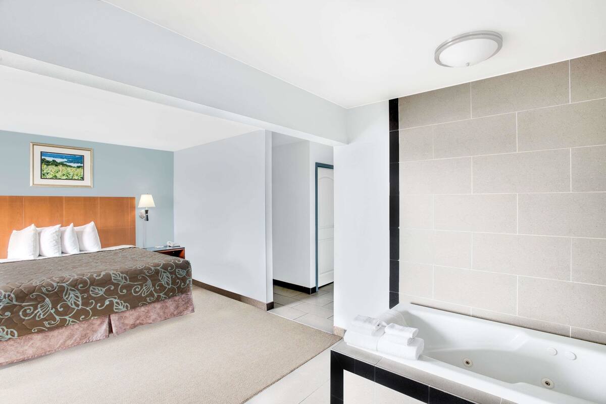 Habitación de hotel con cama, baño con bañera y un cuadro en la pared.