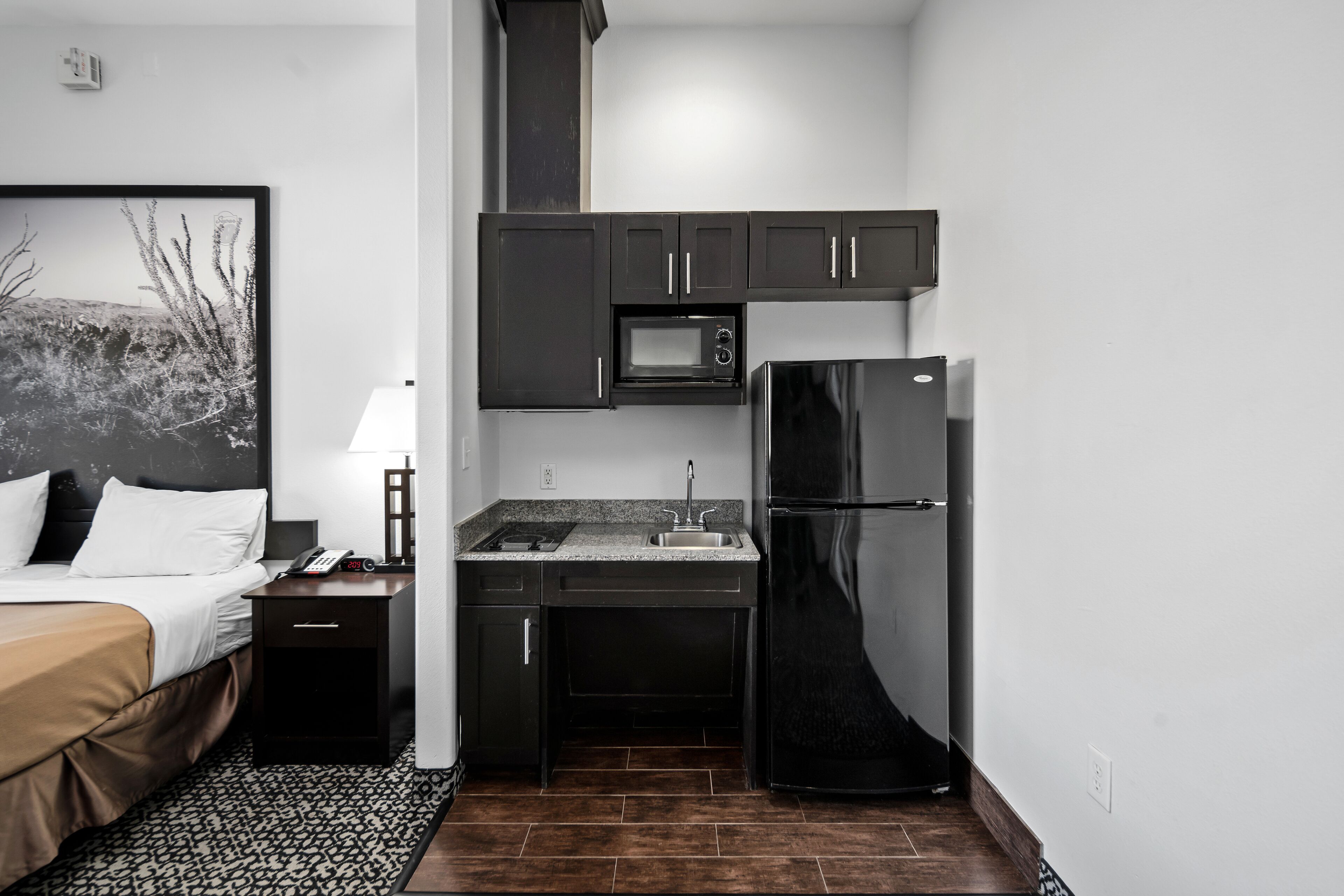 A compact hotel room with a kitchenette, a bed with a headboard, a nightstand, and a wall-mounted picture.
