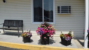Una casa amb una banca i tres testos de flors al porxo.