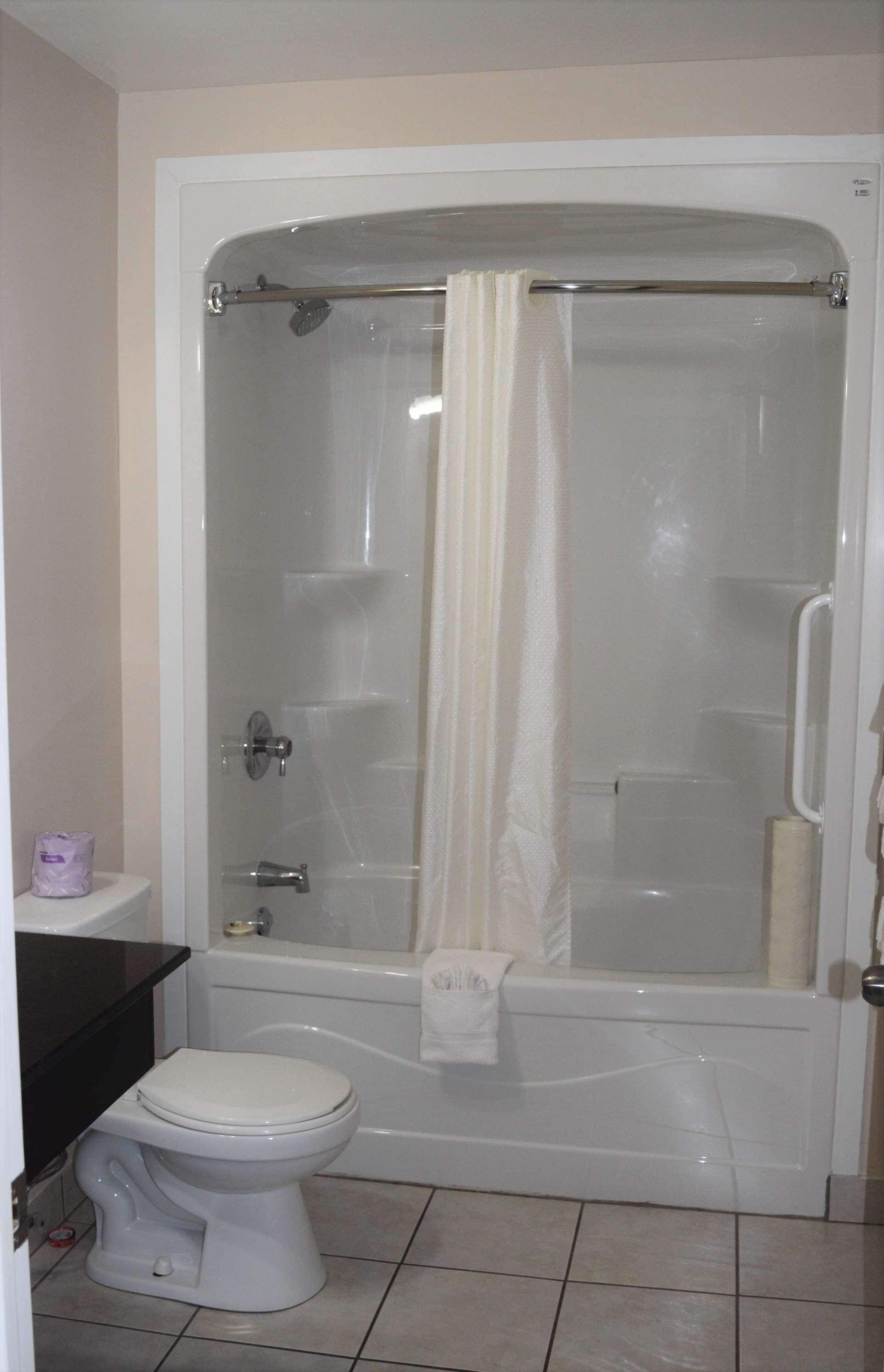 A bathroom with a toilet, bathtub, and shower curtain.