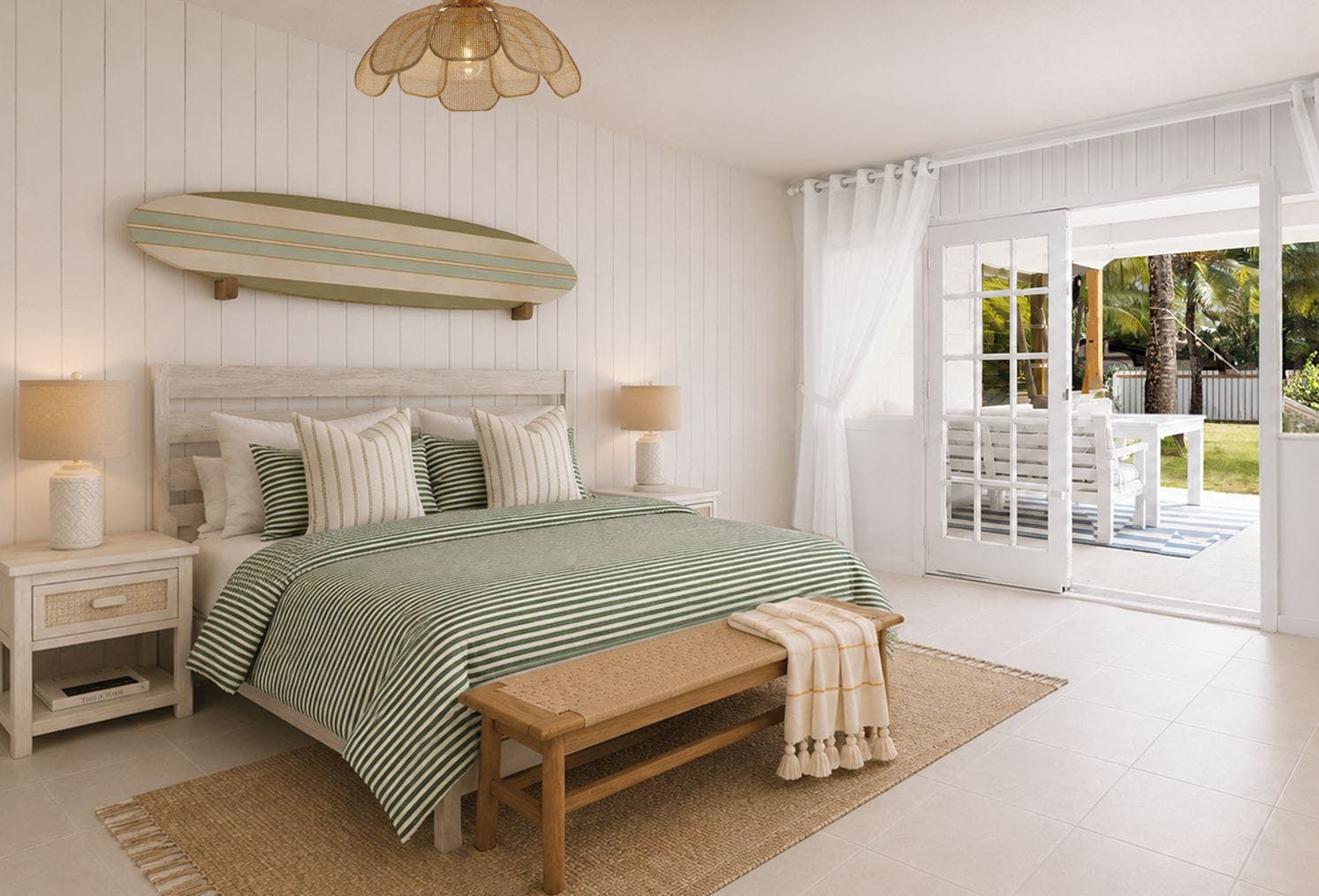 Un dormitorio con cama, mesitas de noche, un banco, una lámpara colgante y vistas al exterior a través de un ventanal corredera.