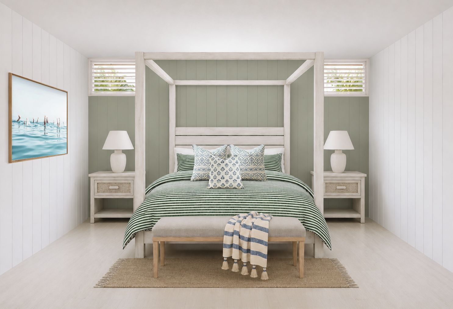 Una camera da letto con un letto a baldacchino, comodini, un tappeto e un quadro appeso al muro.