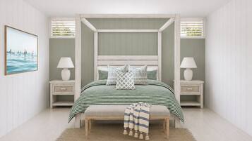 Una camera da letto con un letto a baldacchino, comodini, un tappeto e un quadro appeso al muro.