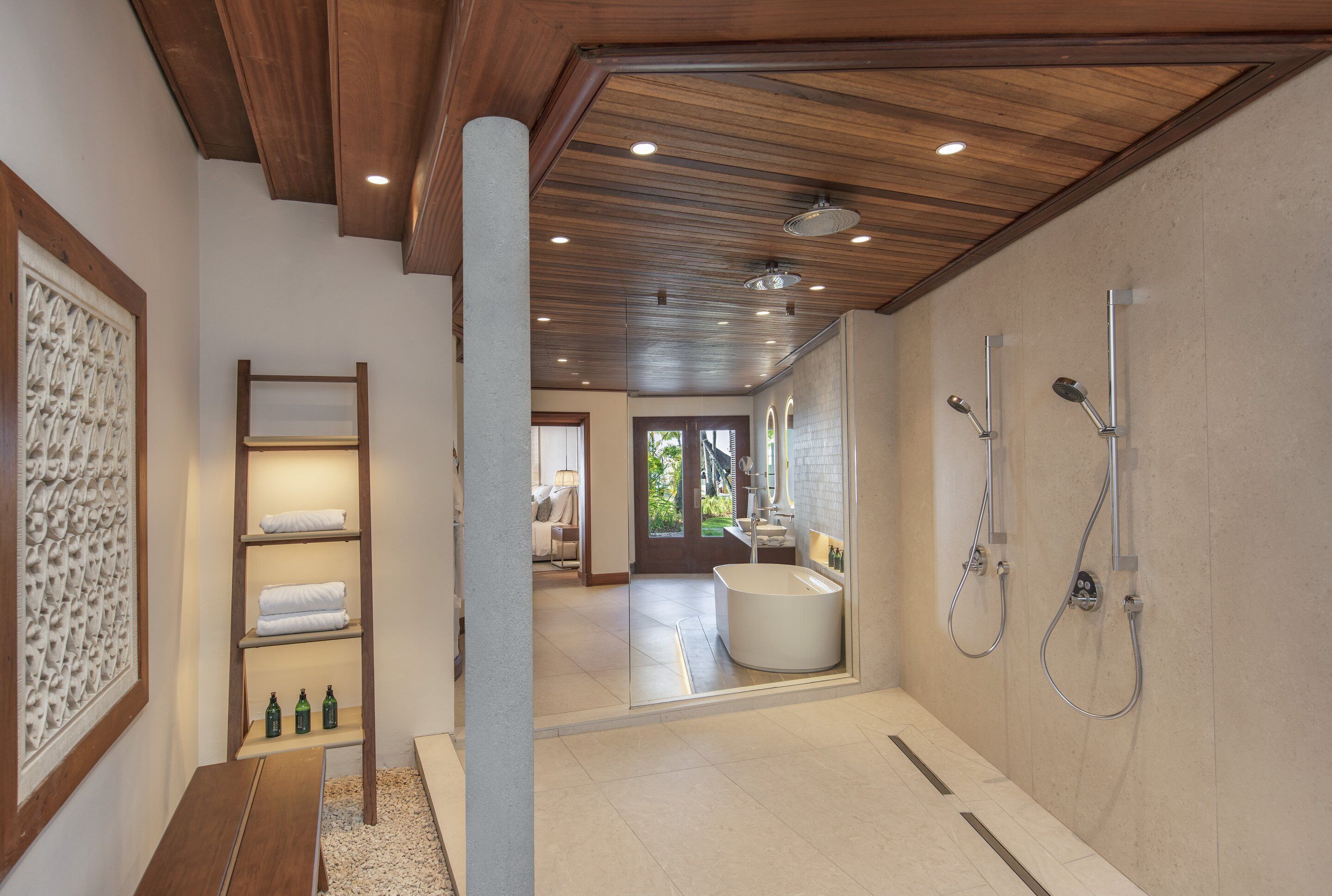 separate bathtub and shower, free toiletries, hair dryer, bathrobes