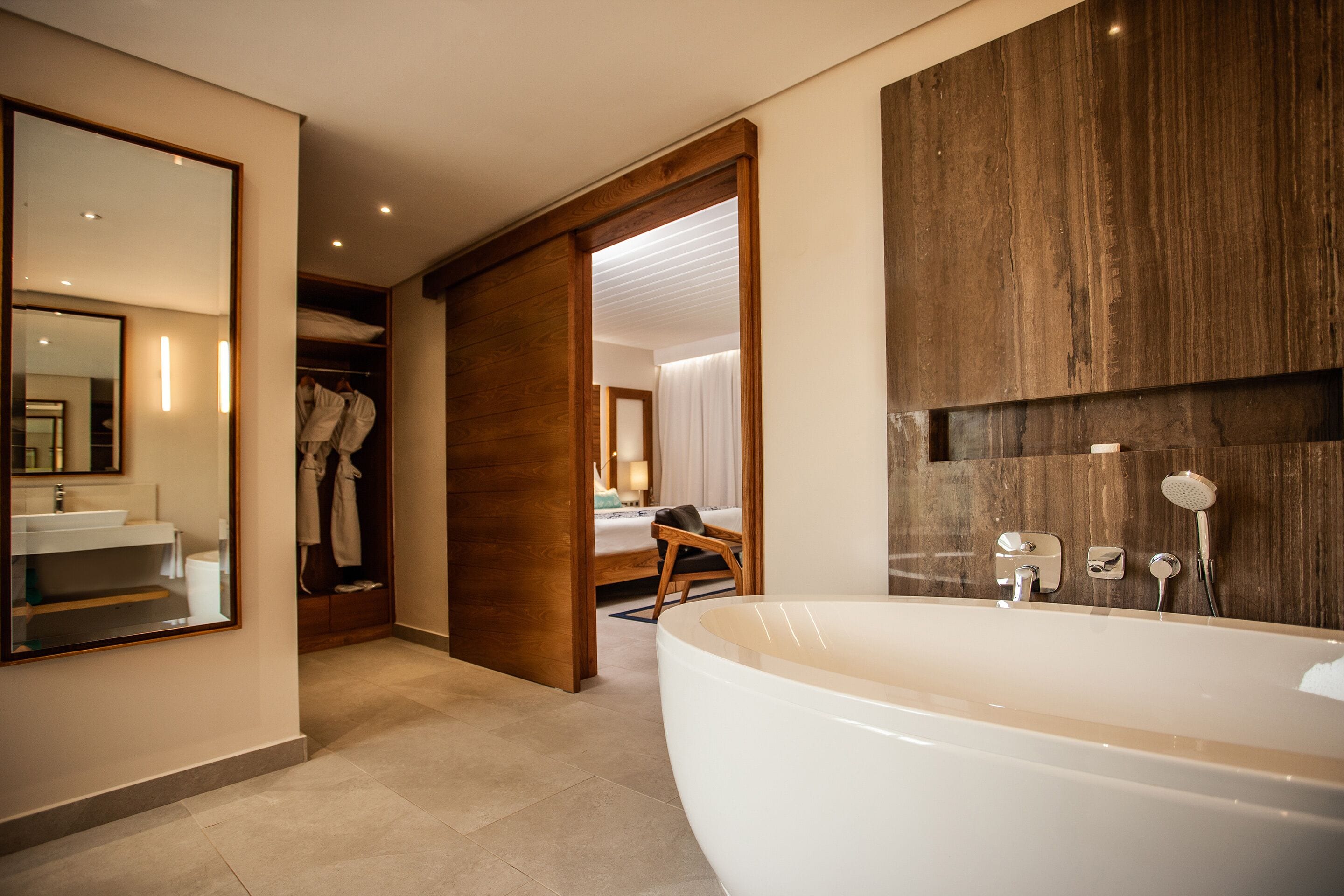 separate bathtub and shower, free toiletries, hair dryer, bathrobes